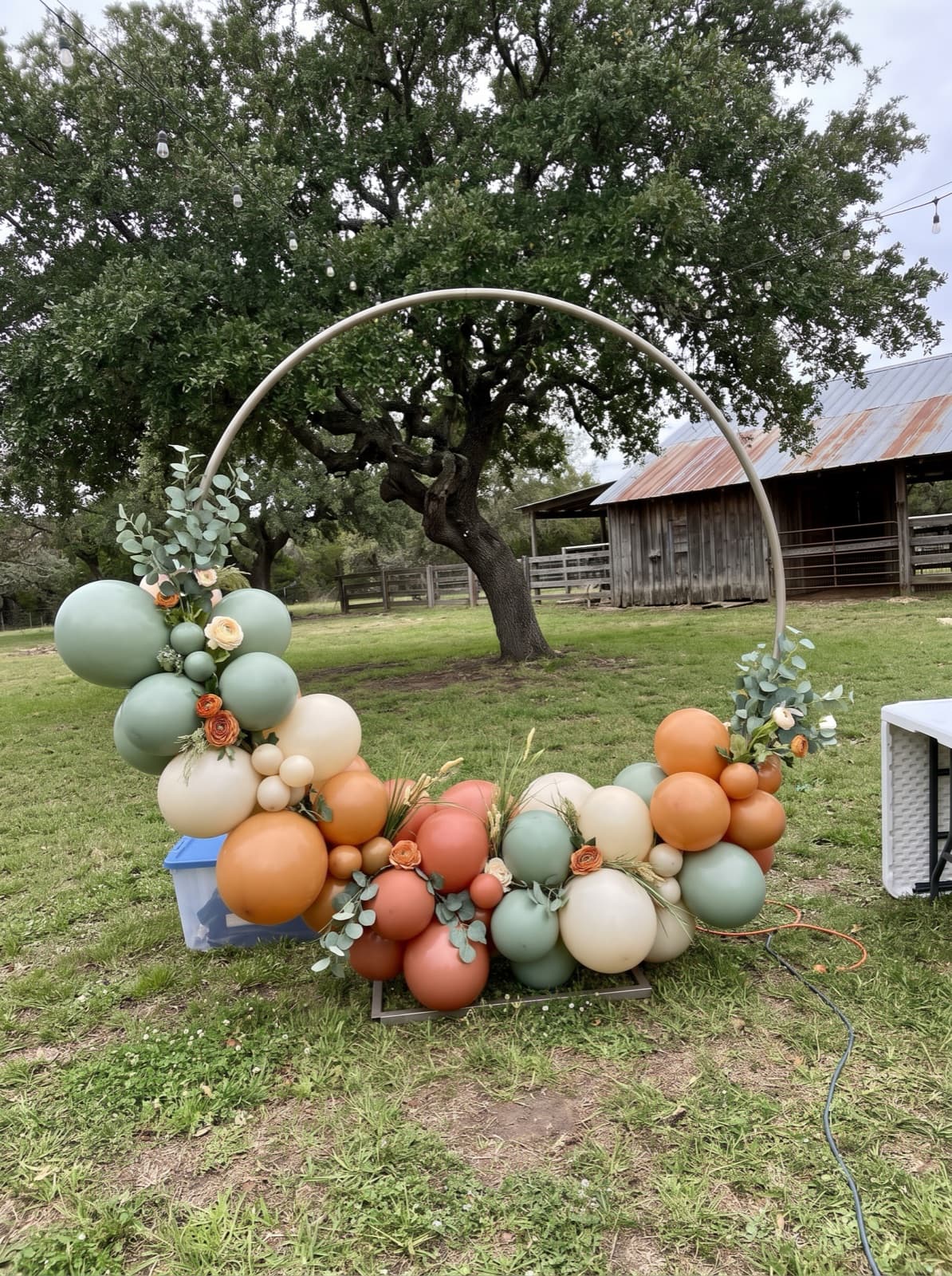 Balloon hoop backdrop with florals on a lawn