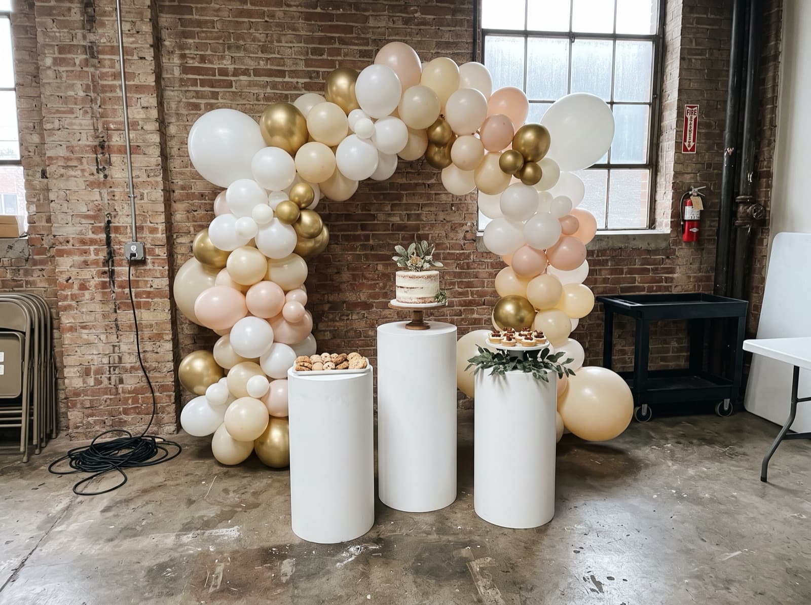 Balloon backdrop with pedestals and a cake