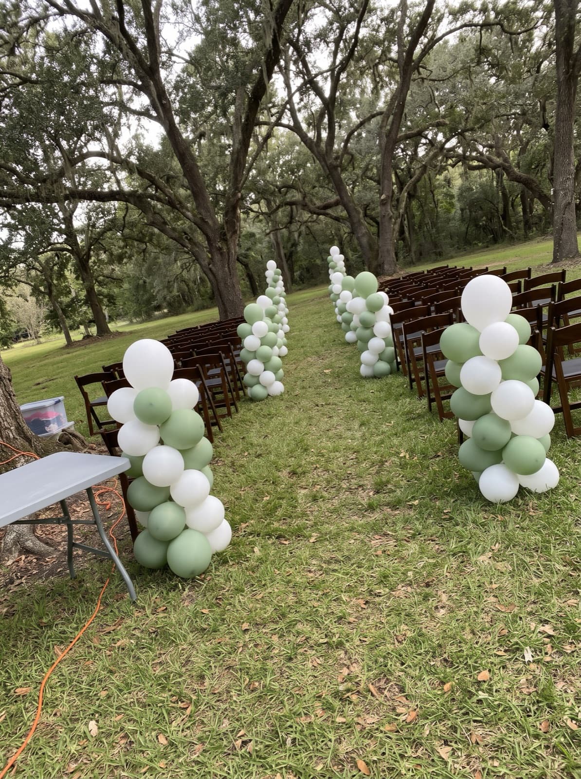 Organic balloon columns lining an outdoor ceremony aisle