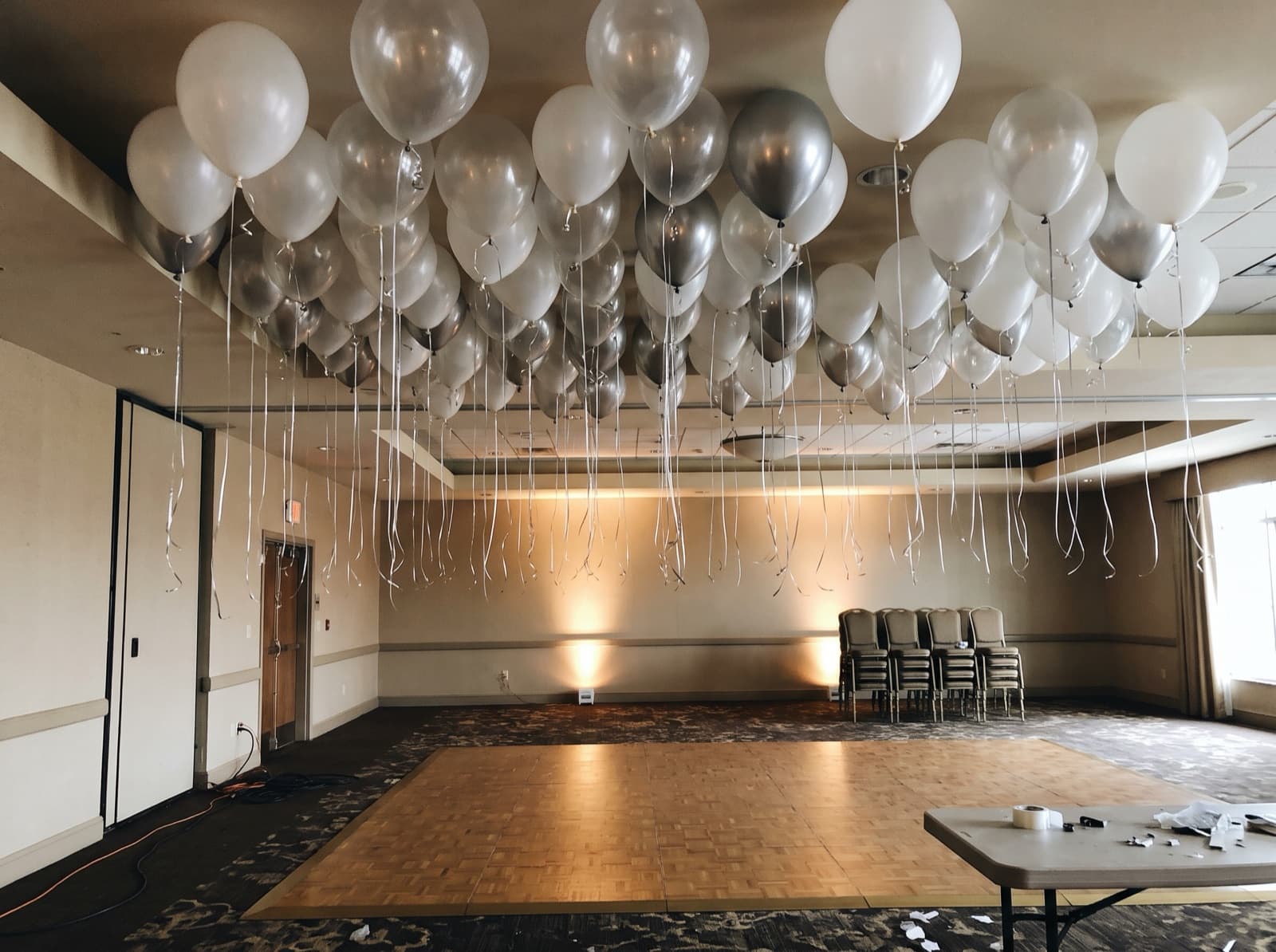 Balloon ceiling over a ballroom dance floor