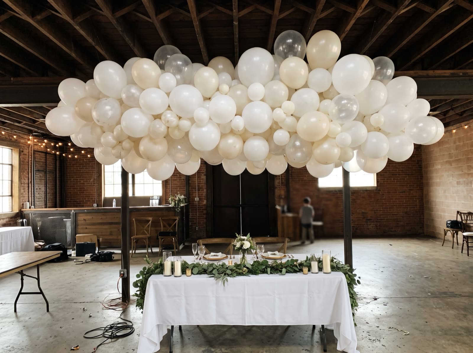 Balloon cloud over a sweetheart table