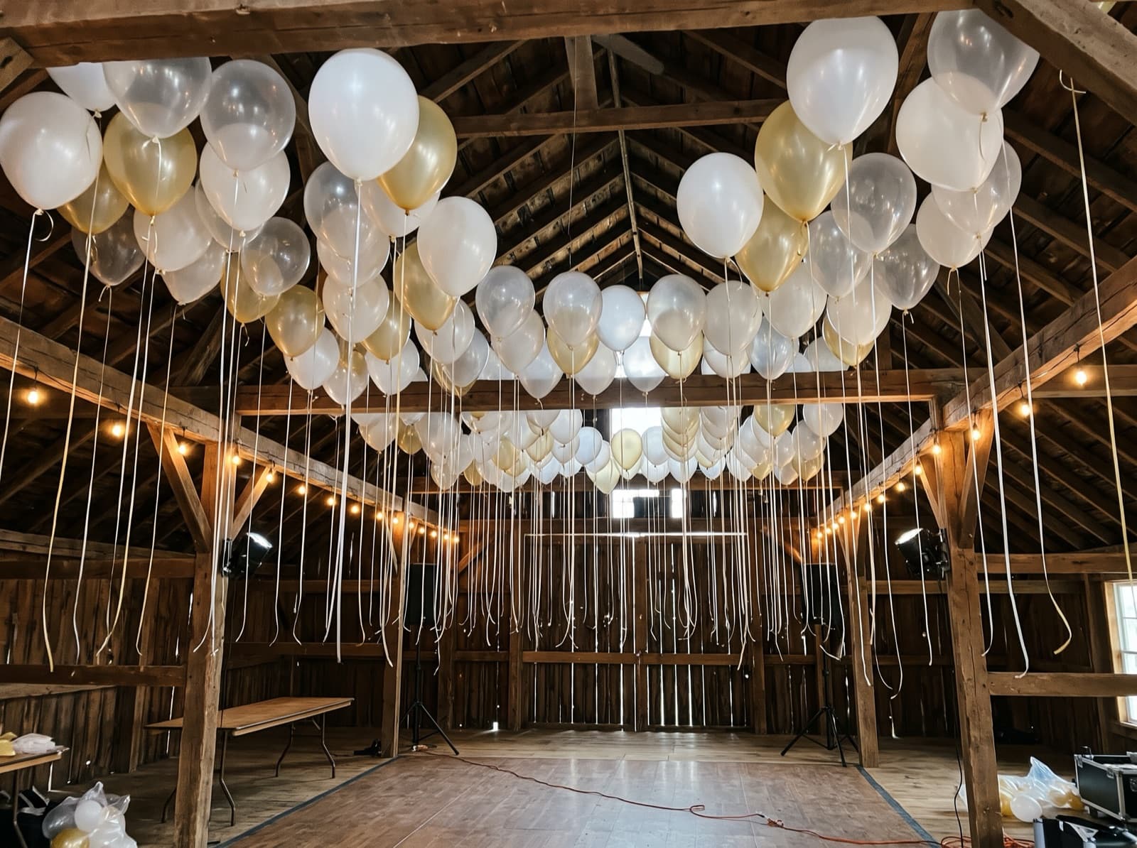 Balloon ceiling of white, clear and pale gold balloons over a dance floor in an Austin event barn