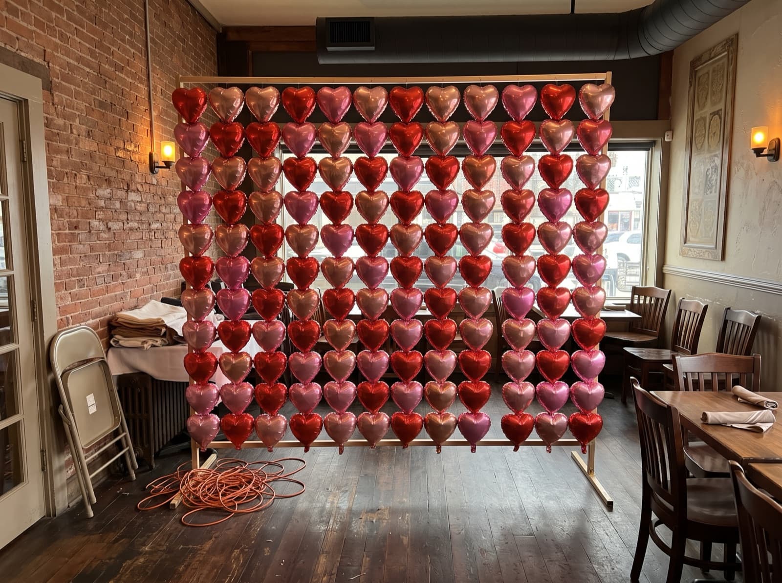 Foil heart balloon wall in red, pink and rose gold