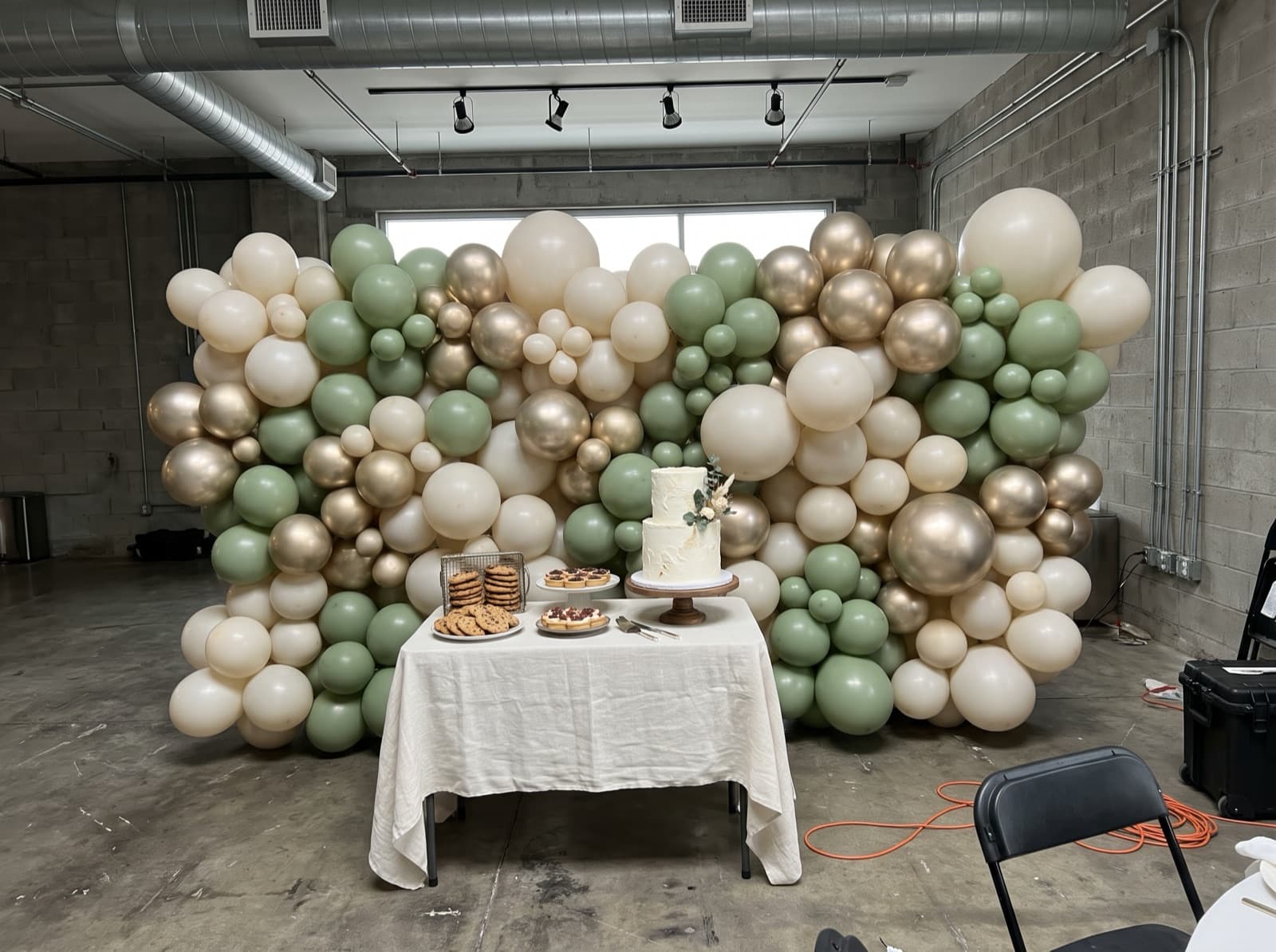 Organic balloon wall in ivory, sage and champagne behind a dessert table in an Austin warehouse event space